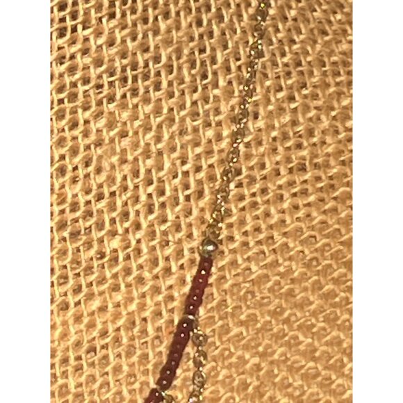 Gold Tone Necklace Red Seed Beads Dangling Floral Charms Choker Collar Boho 15" - Picture 3 of 4